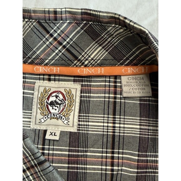 Cinch Mens XL Short Sleeve Button Down Shirt Gray Green Western Logo Pocket - Picture 5 of 6